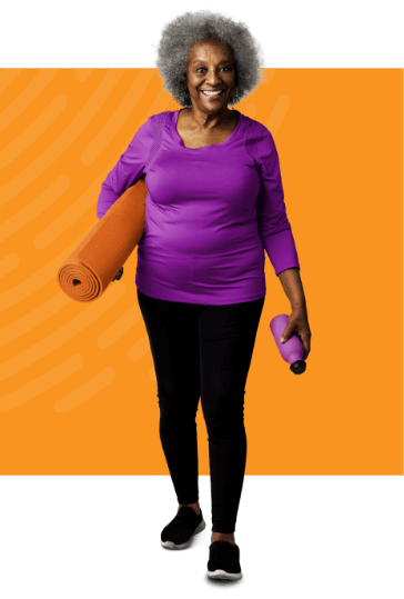 Elder woman with workout clothes holding a yoga mat and a bottle of water Elder woman with workout clothes holding a yoga mat and a bottle of water