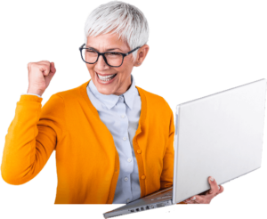 Elegant elder woman with glasses celebrating and holding a laptop with one hand