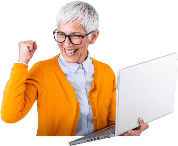 Elegant elder woman with glasses celebrating and holding a laptop with one hand Elegant elder woman with glasses celebrating and holding a laptop with one hand