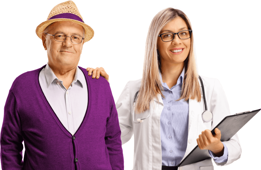 Female doctor wearing white coat with her hand resting on an smiling elder man's shoulder