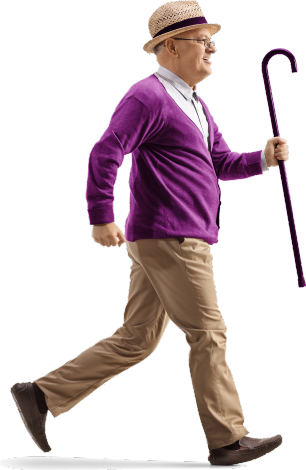 Elegant elder man wearing a hat holding a can with a hand and walking confidently to the right Elegant elder man wearing a hat holding a can with a hand and walking confidently to the right
