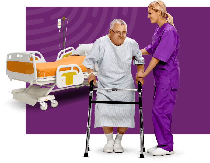 Female nurse helping elder man patient walking with a walker and a hospital bed behind Female nurse helping elder man patient walking with a walker and a hospital bed behind